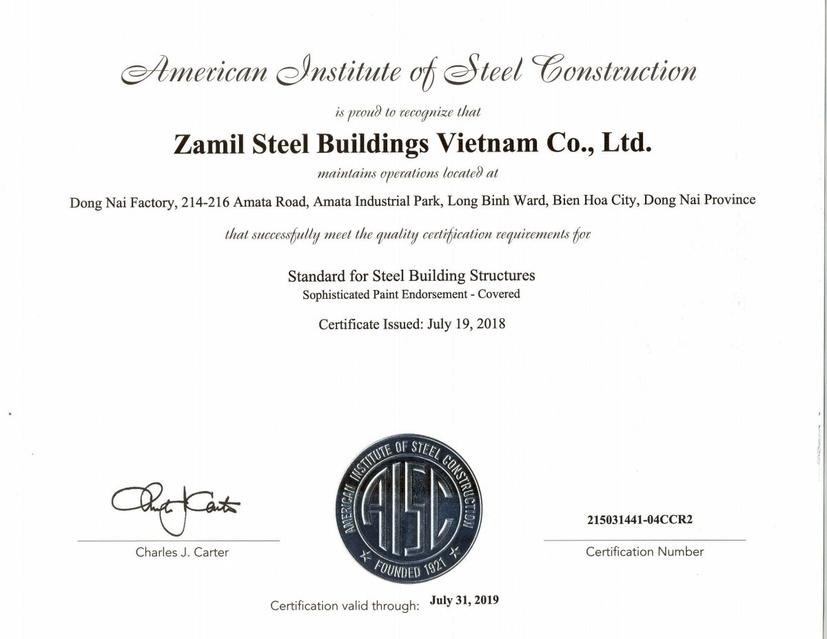 Zamil Steel - AISC Certificate 2018 - 2019